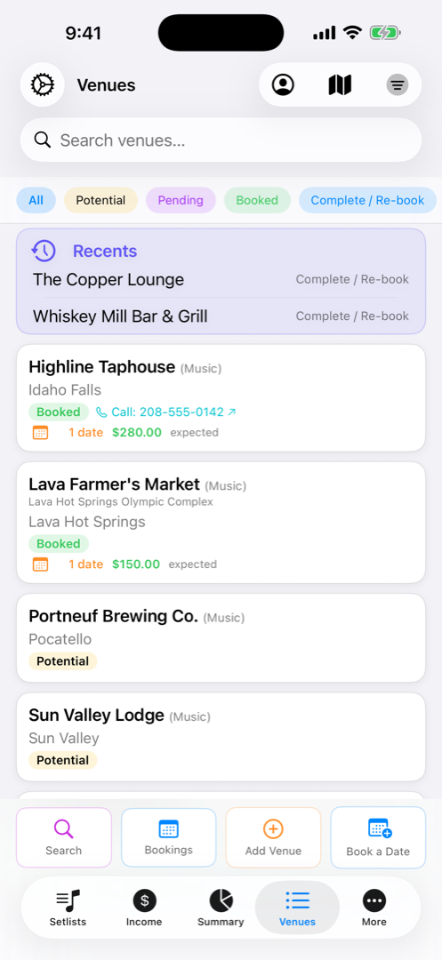 Venue list with status filters